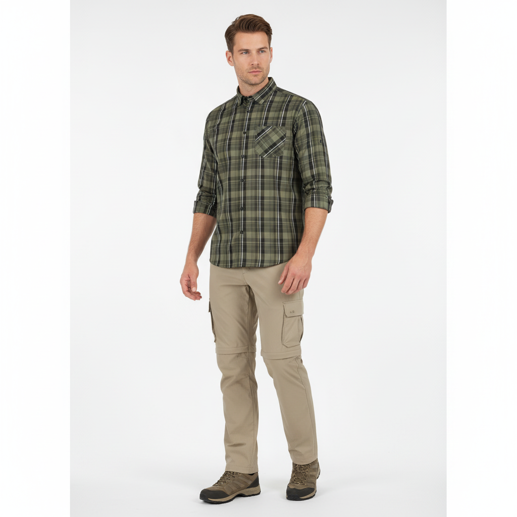 Uomo con camicia a righe verde e pantaloni cargo beige